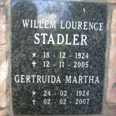 STADLER Willem Lourence 1924-2005 &amp; Gertruida Martha 1924-2007
