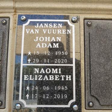 VUUREN Johan Adam, Jansen van 1950-2020 & Naomi Elizabeth 1945-2019