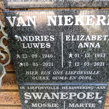 NIEKERK Andries Luwes, van 1946-2021 & Elizabeth Anna 1953-2021