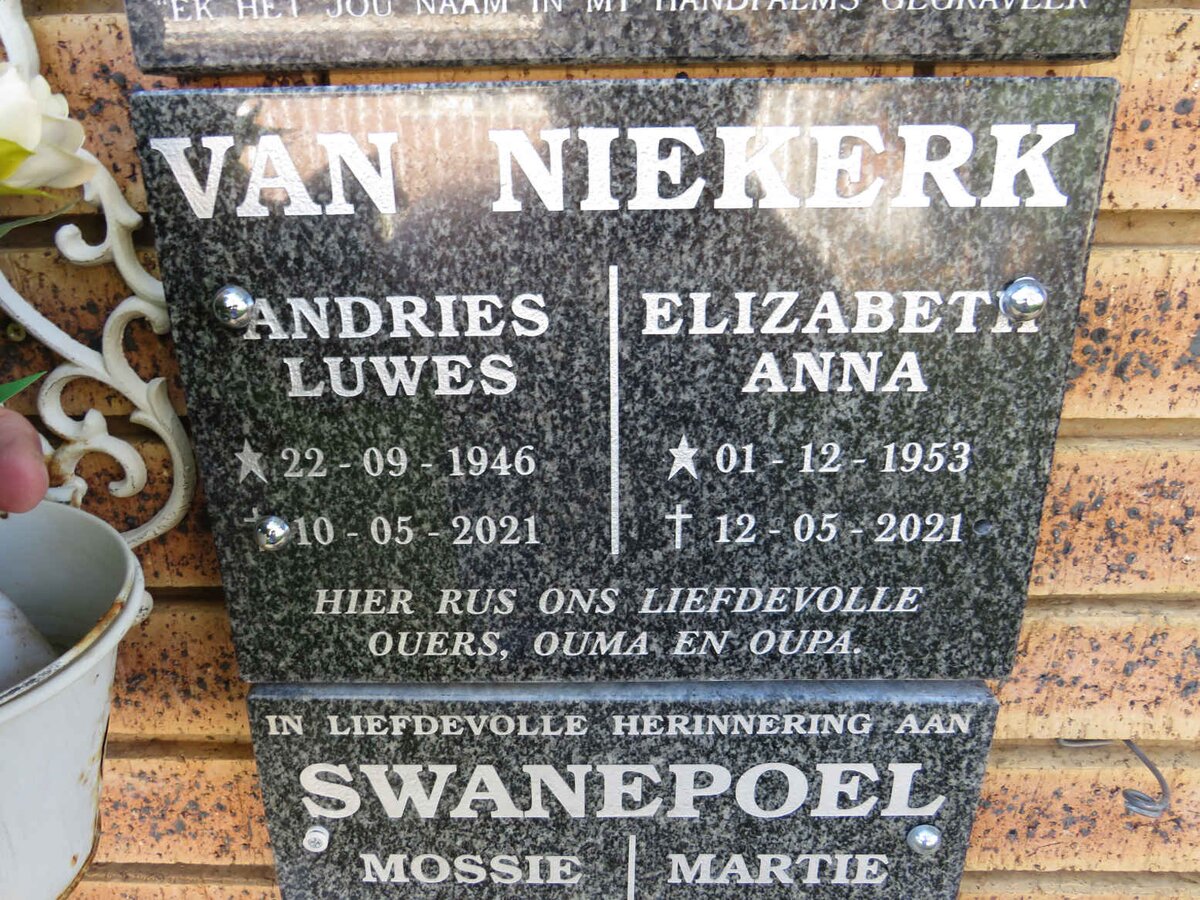 NIEKERK Andries Luwes, van 1946-2021 & Elizabeth Anna 1953-2021