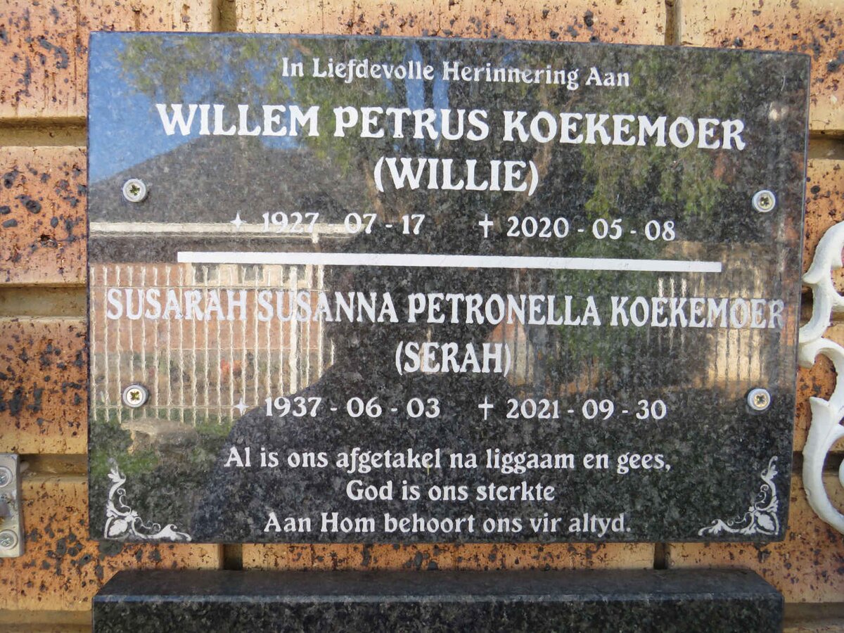 KOEKEMOER Willem Petrus 1927-2020 & Susarah Susanna Petronella 1937-2021