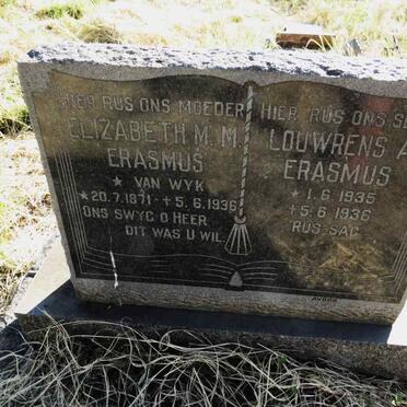 ERASMUS Elizabeth M.M. nee VAN WYK 1871-1936 :: ERASMUS Louwrens A. 1935-1936