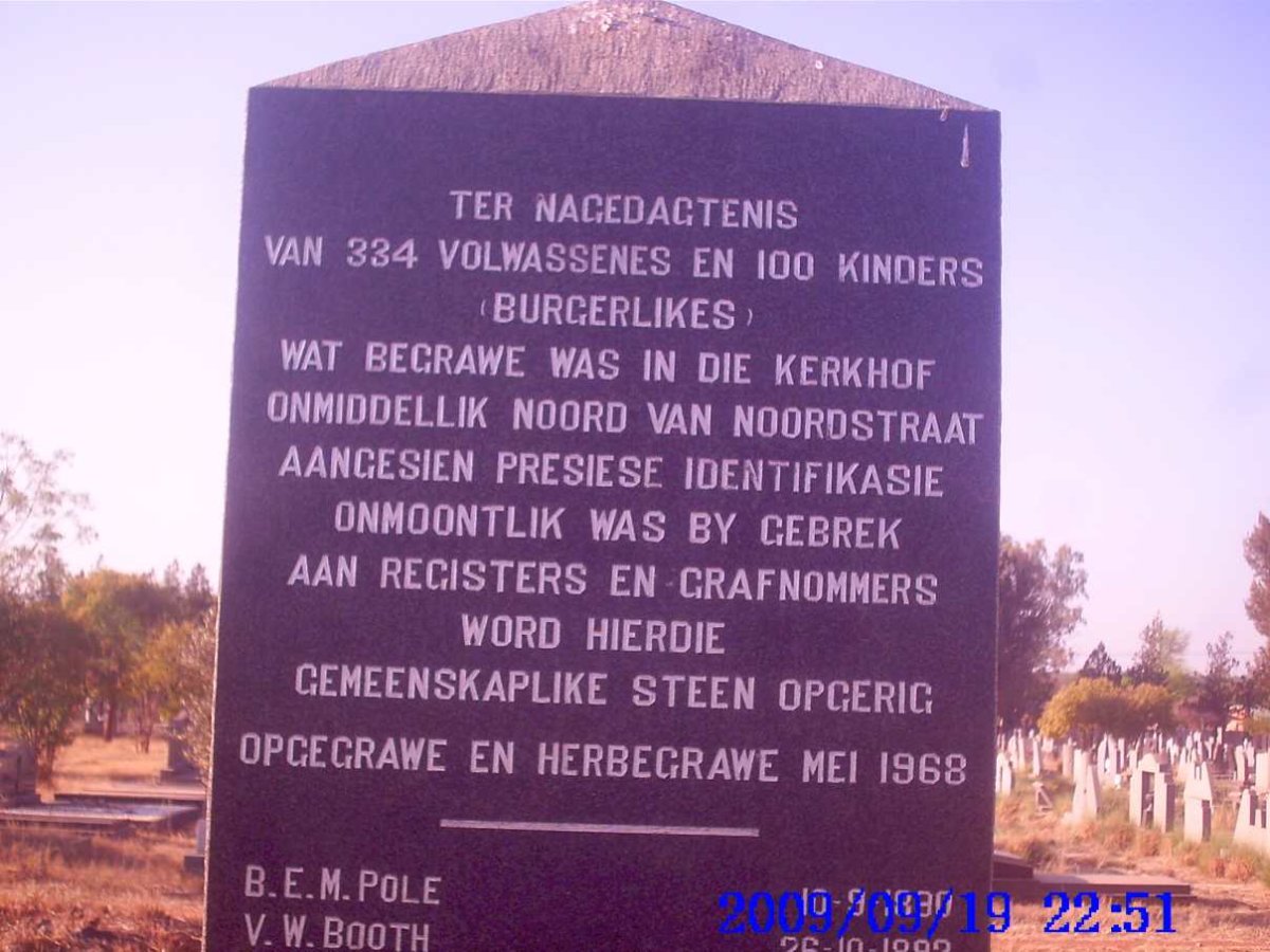 3. Memorial stone for the 334 adults &amp; 100 children reburied at Vryburg Memorial Cemetery