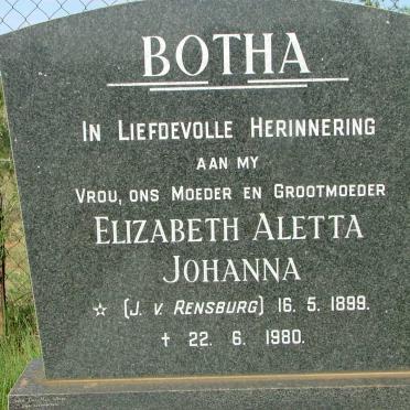 BOTHA Elizabeth Aletta Johanna nee J.V. RENSBURG 1899-1980