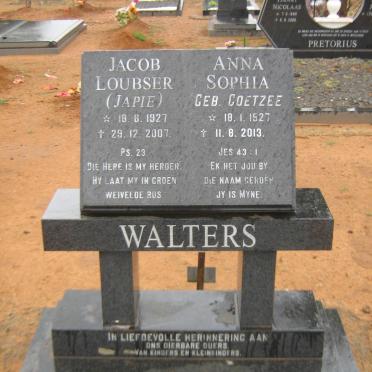 WALTERS Jacob Loubser 1927-2007 &amp; Anna Sophia COETZEE 1927-2013