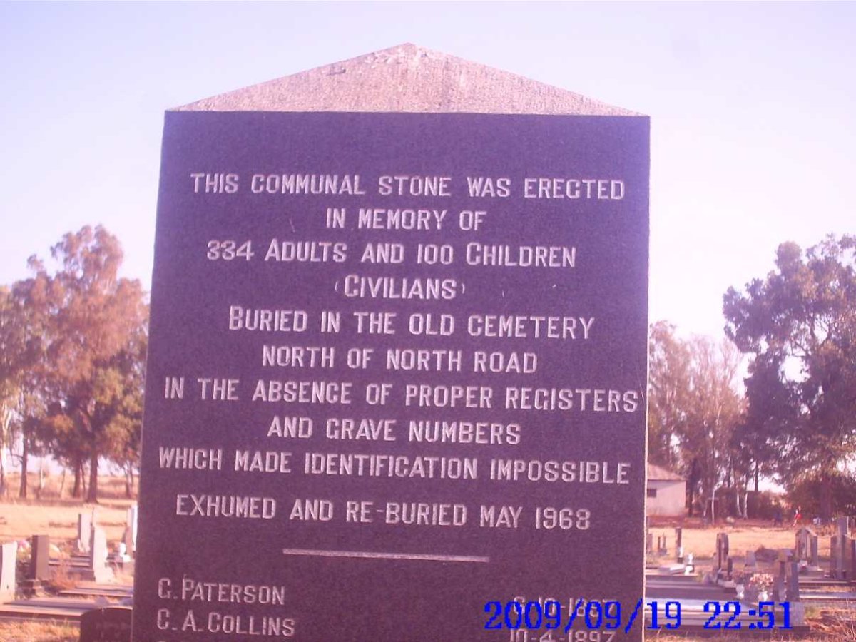 4.  Memorial stone for the 334 adults &amp; 100 children reburied at Vryburg Memorial Cemetery