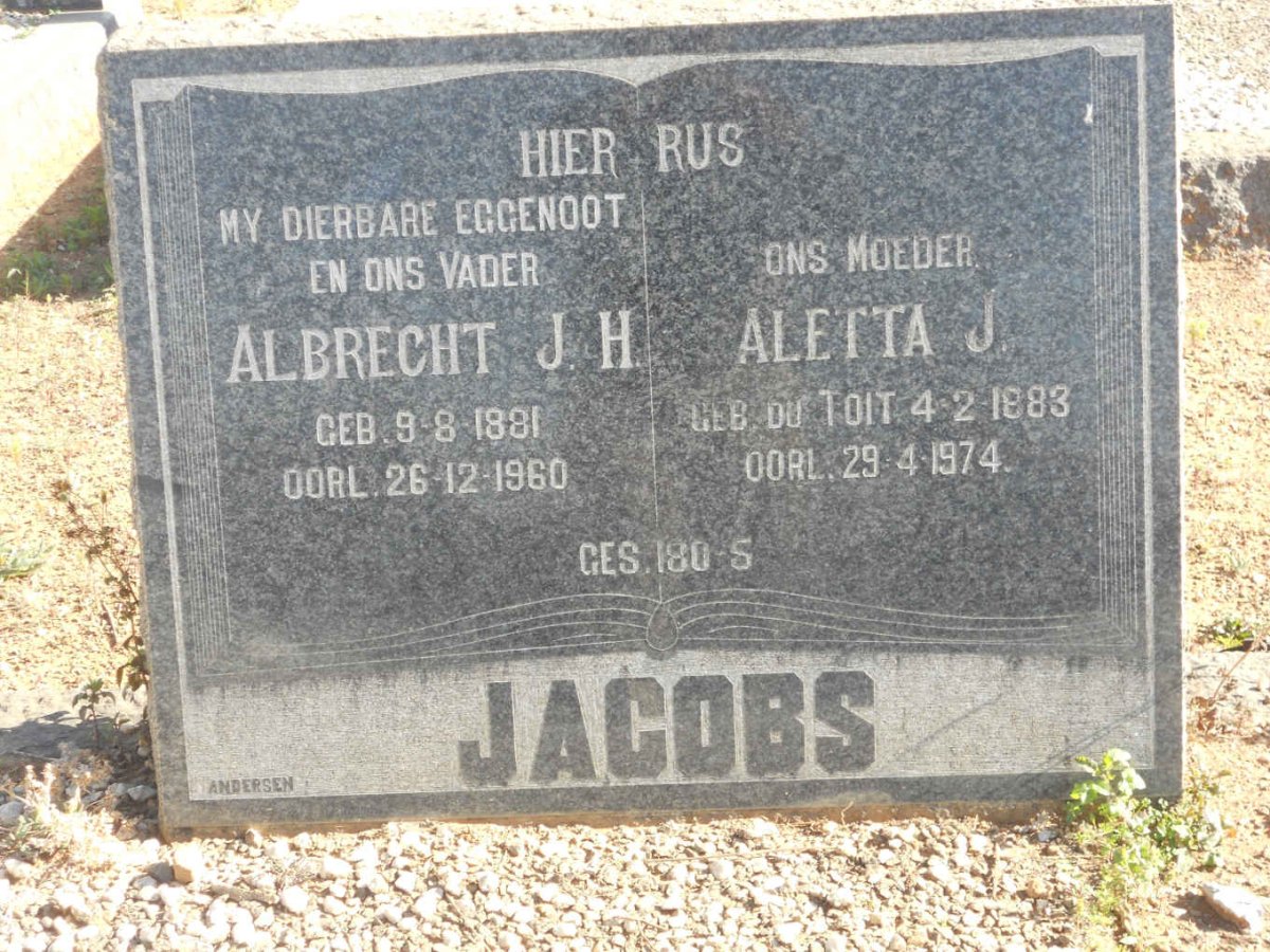 JACOBS Albrecht J.H. 1881-1960 &amp; Aletta J. DU TOIT 1883-1974