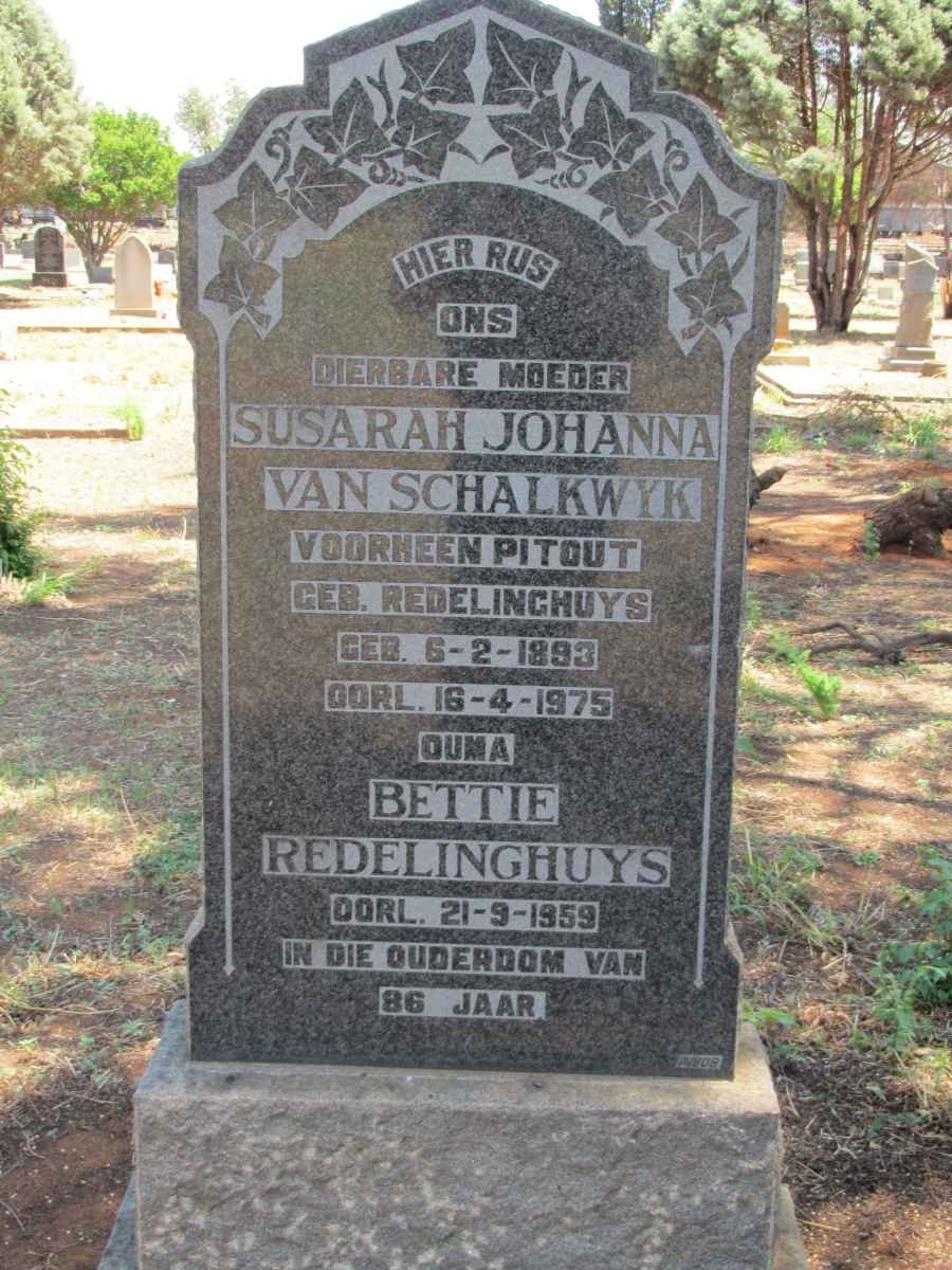 REDELINGHUYS Bettie -1959 :: VAN SCHALKWYK Susarah Johanna previously PITOUT nee REDELINGHUYS 1893-1975