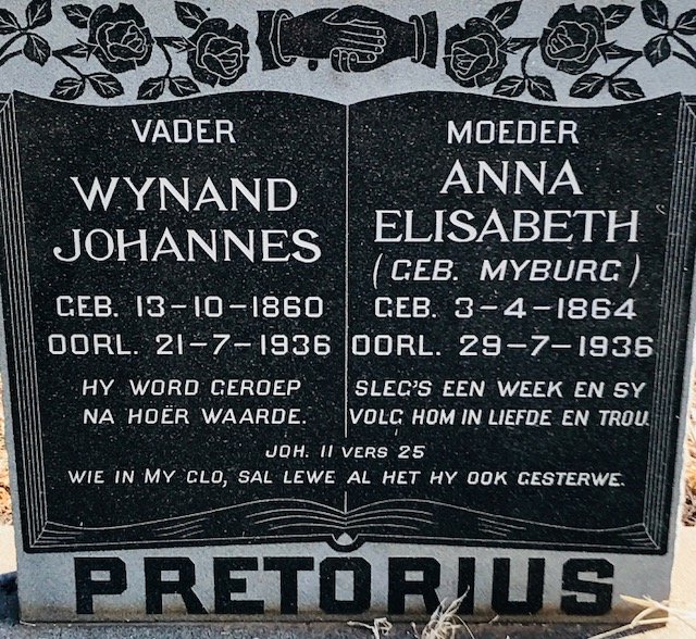 PRETORIUS Wynand Johannes 1860-1936 &amp; Anna Elisabeth MYBURG 1864-1936