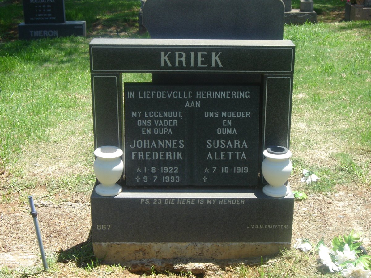 KRIEK Johannes Frederik 1922-1993 &amp; Susara Aletta 1919