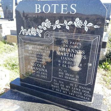 BOTES Johannes Marthinus 1928-1999 &amp; Nicola Fransina VAN DER MERWE 1931-1993