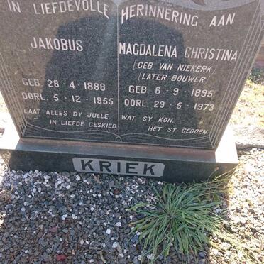 KRIEK Jakobus 1888-1955 &amp; Magdalena Christina BOUWER nee VAN NIEKERK 1895-1973