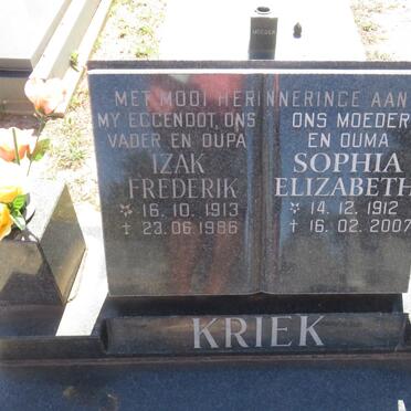 KRIEK Izak Frederik 1913-1986 &amp; Sophia Elizabeth 1912-2007