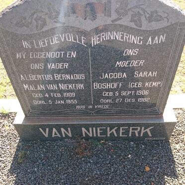 NIEKERK Albertus Bernardus Malan 1909-1955 &amp; Jacoba Sarah Boshoff KEMP 1906-1982