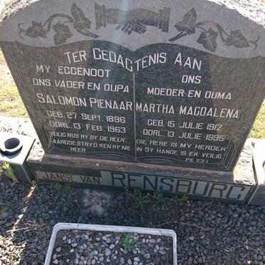 RENSBURG Salomon Pienaar, Janse van 1896-1963 &amp; Martha Magdalena 1912-1995