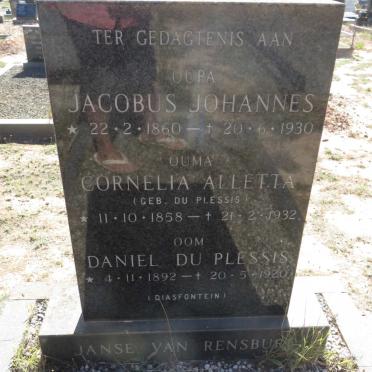 RENSBURG Jacobus Johannes, Janse van 1860-1930 &amp; Cornelia Alletta DU PLESSIS 1858-1932 :: DU PLESSIS Daniel 1892-1920