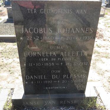 RENSBURG Jacobus Johannes, Janse van 1860-1930 &amp; Cornelia Alletta DU PLESSIS 1858-1932 :: DU PLESSIS Daniel 1892-1920