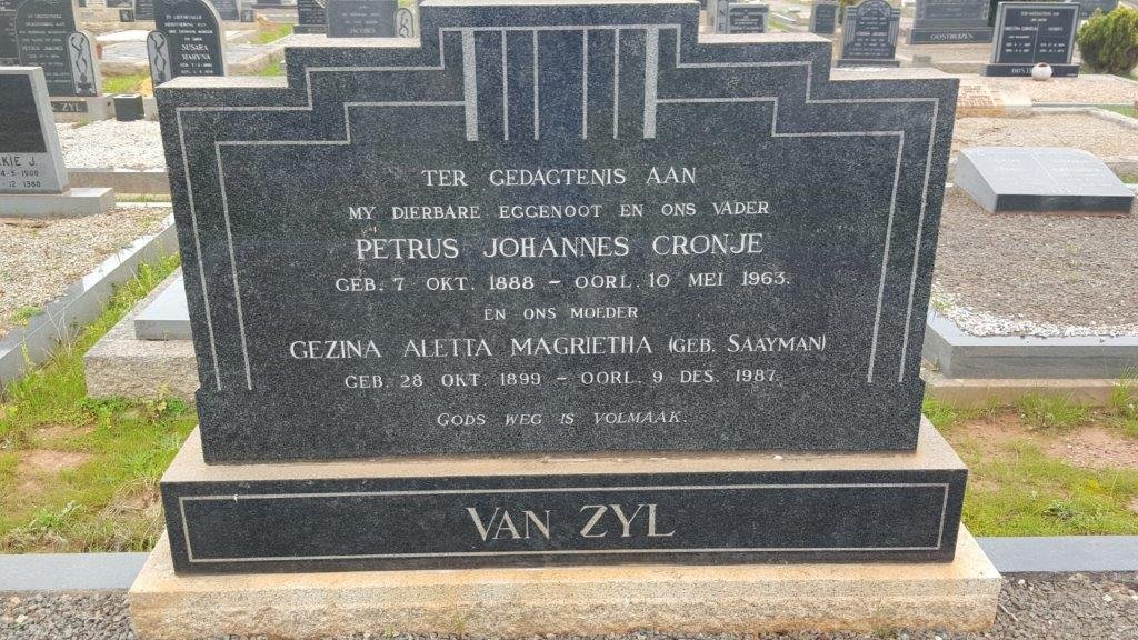 ZYL Petrus Johannes Cronje, van 1888-1963 &amp; Gezina Aletta Magrietha SAAYMAN 1899-1987