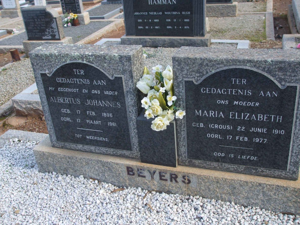 BEYERS Albertus Johannes 1896-1961 &amp; Maria Elizabeth CROUS 1910-1977