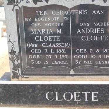 CLOETE Andries P. 1875-1963 &amp; Maria M. CLAASSEN 1881-1961