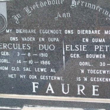 FAURE Hercules Duo 1910-1986 &amp; Elsie Petronella BOUWER 1915-1988