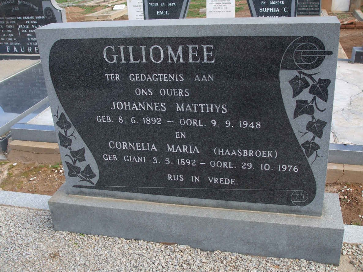 GILIOMEE Johannes Matthys 1892-1948 &amp; Cornelia Maria formerly HAASBROEK nee GIANI 1892-1976