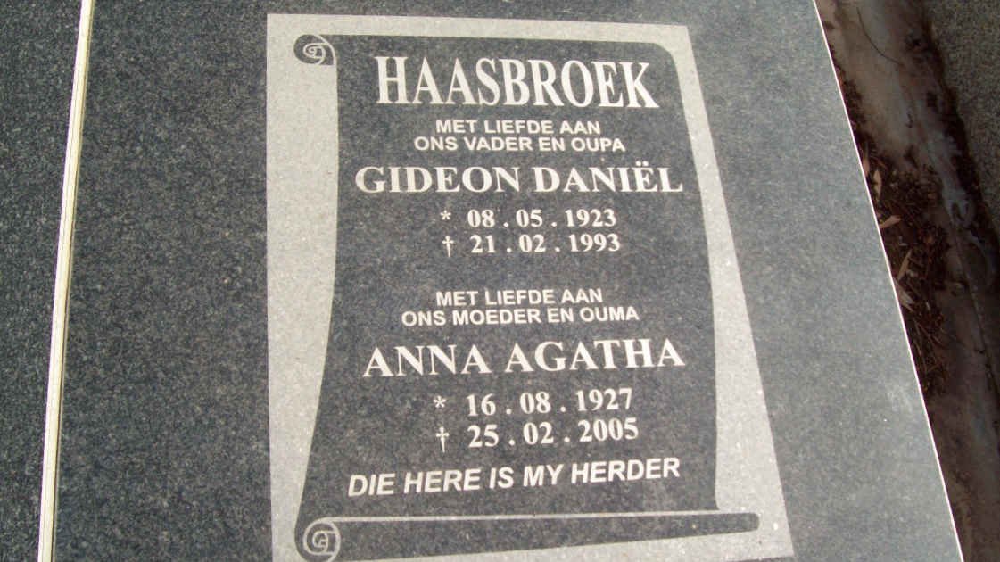 HAASBROEK Gideon Daniel 1923-1993 &amp; Anna Agatha 1927-2005