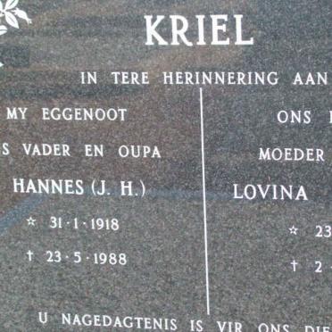 KRIEL J.H. 1918-1988 &amp; Lovina Elizabeth 1922-1998