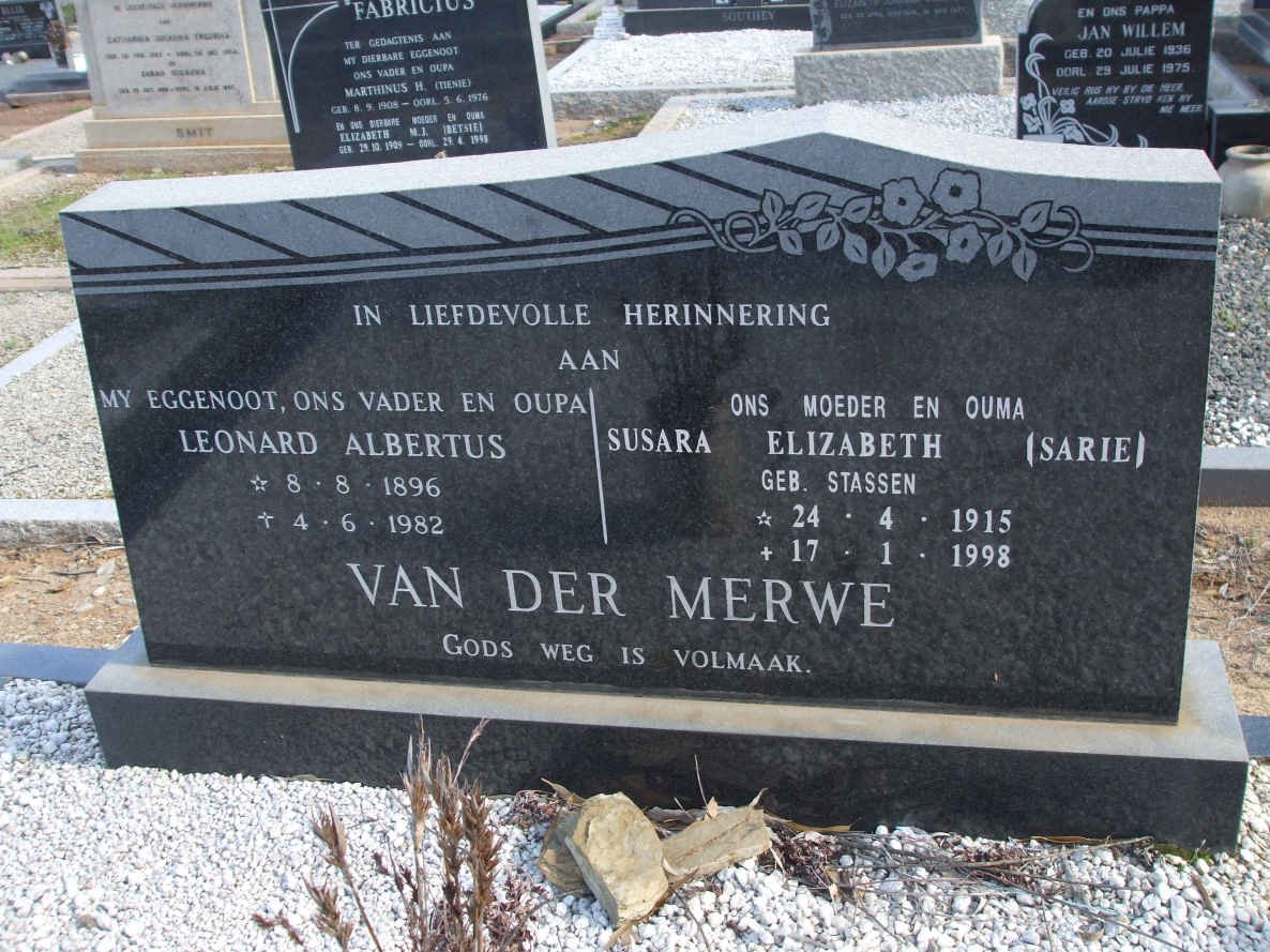 MERWE Leonard Albertus, van der 1896-1982 &amp; Susara Elizabeth STASSEN 1915-1998