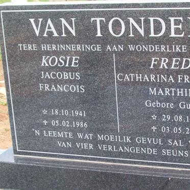 TONDER Jacobus Francois 1941-1986 &amp; Catharina Frederika Marthina GUNTER 1943-2004