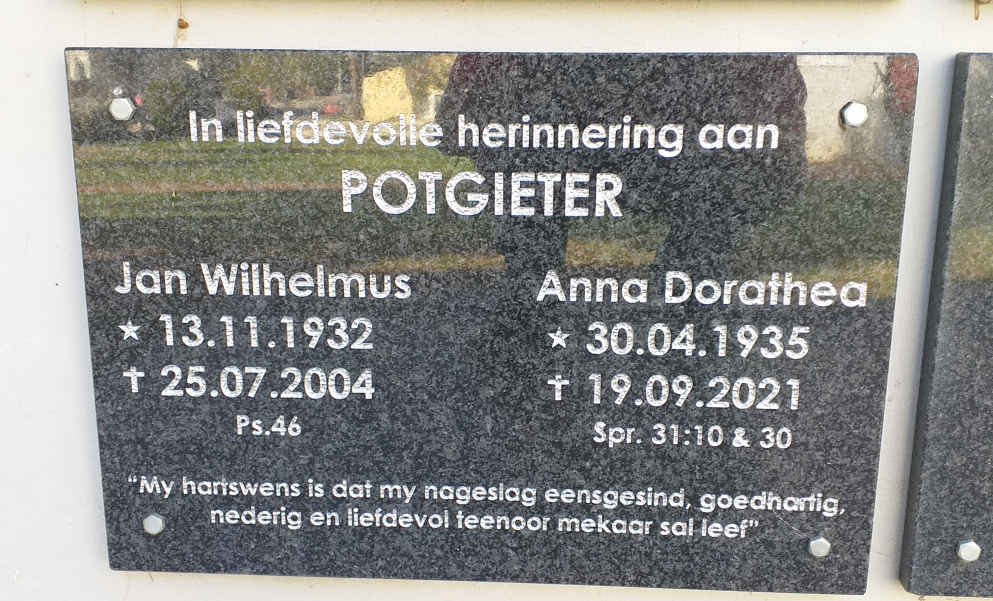 POTGIETER Jan Wilhelmus 1932-2004 &amp; Anna Dorathea 1935-2021