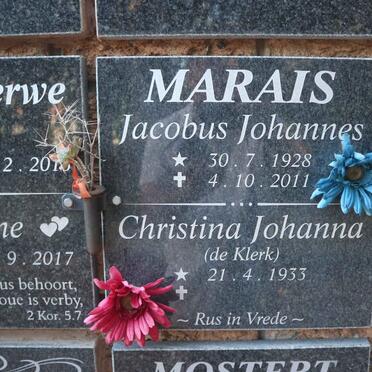 MARAIS Jacobus Johannes 1928-2011 &amp; Christina Johanna DE KLERK 1933-