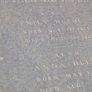 HULME Agnes Sophia 1859-1860 :: HULME Clara Sophia 1861-1861 :: HULME Emily 1863-1863 :: HULME Anna 1868-1868