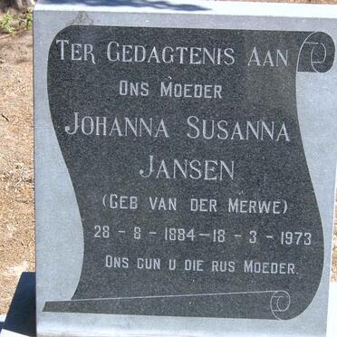 JANSEN Johanna Susanna nee VAN DER MERWE 1884-1973