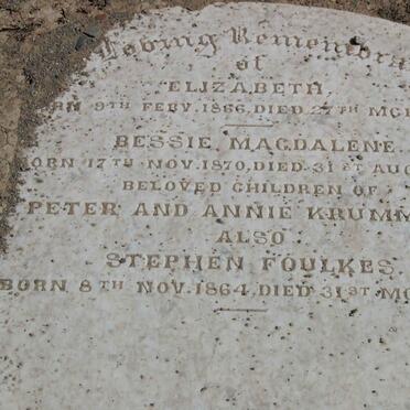 KRUMMECK Elizabeth 1866-1866 :: KRUMMECK Bessie Magdalene 1870-1871 :: FOULKES Stephen 1864-1866