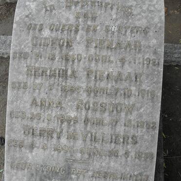 PIENAAR Gideon 1860-1921 :: PIENAAR Hermina 1865-1919 :: ROSSOUW 1889-1932 :: VILLIERS Berry, de 1896-1936