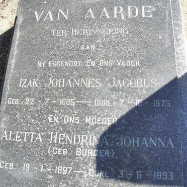AARDE Izak Johannes Jacobus, van 1885-1975 &amp; Aletta Hendrina Johanna BURGER 1897-1993