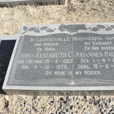 BOTHMA Johannes Paulus 1885-1967 &amp; Anna Elizabeth C. BOTHMA 1893-1979