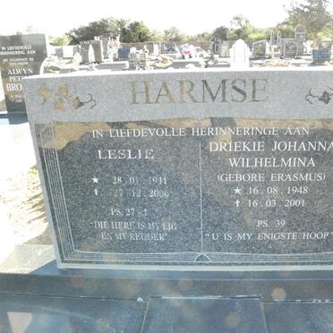 HARMSE Leslie 1944-2006 &amp; Driekie Johanna Wilhelmina ERASMUS 1948-2001