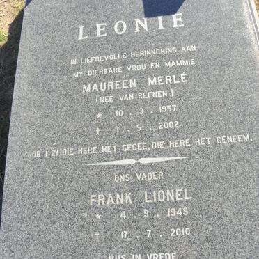 LEONIE Frank Lionel 1949-2010 &amp; Maureen Merle  VAN REENEN 1957-2002