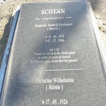 SCHEUN Frederick Hendrik Swanepoel 1931-2006 &amp; Christina Wilhelmina 1926-