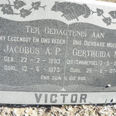 VICTOR Jacobus A.P. 1893-1973 &amp; Gertruida M. SWANEPOEL 1902-1974