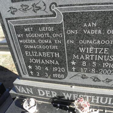 WESTHUIZEN Wietze Martinus, van der 1916-2002 &amp; Elizabeth Johanna 1920-1988 