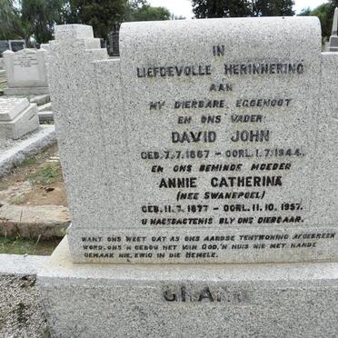 GRANT David John 1867-1944 &amp; Annie Catherina SWANEPOEL 1877-1957