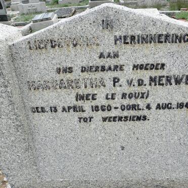 MERWE Margaretha P., v.d. nee Le ROUX 1860-1944