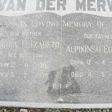 MERWE Alphonso Eugene, van der 1906-1955 &amp; Martha Elizabeth ROSSOUW 1911-1970