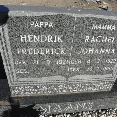 MAANS Hendrik Frederick 1921- &amp; Rachel Johanna 1922-1990