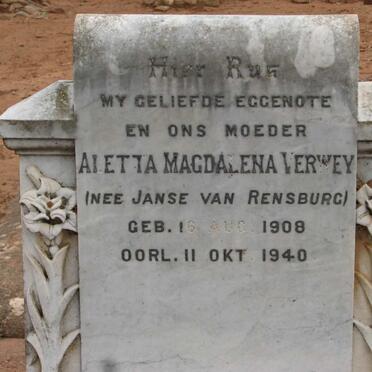 VERWEY Aletta Magdalena nee JANSE VAN RENSBURG 1908-1940