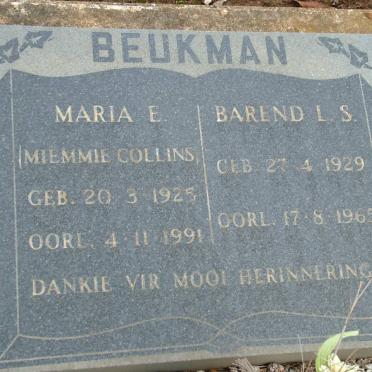 BEUKMAN Barend L.S. 1929-1965 &amp; BEUKMAN Maria E., COLLINS 1925-1991