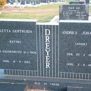 DREYER Andries Johannes 1905-1985 &amp; Aletta Gertruida GELDENHUYS 1906-1987